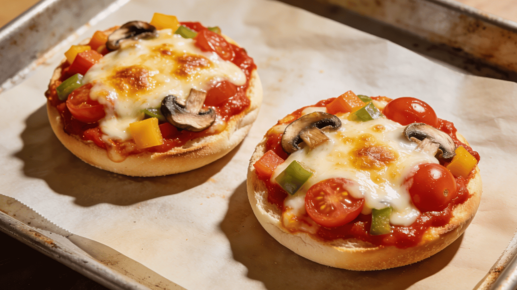 four english muffin mini pizzas with tomato sauce, melted mozzarella, and colorful toppings