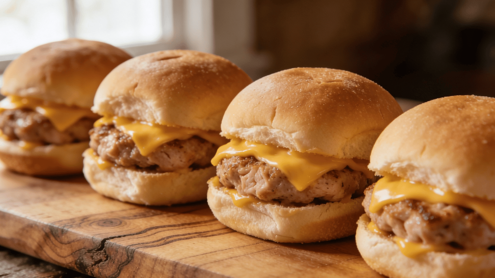 four mini turkey sliders with melted cheddar on soft dinner rolls on a wooden board