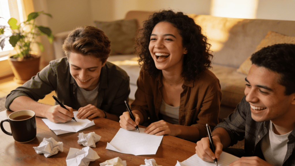 friends playing a paper game around a coffee table in a cozy living room, laughing while holding folded paper games and pens together indoors