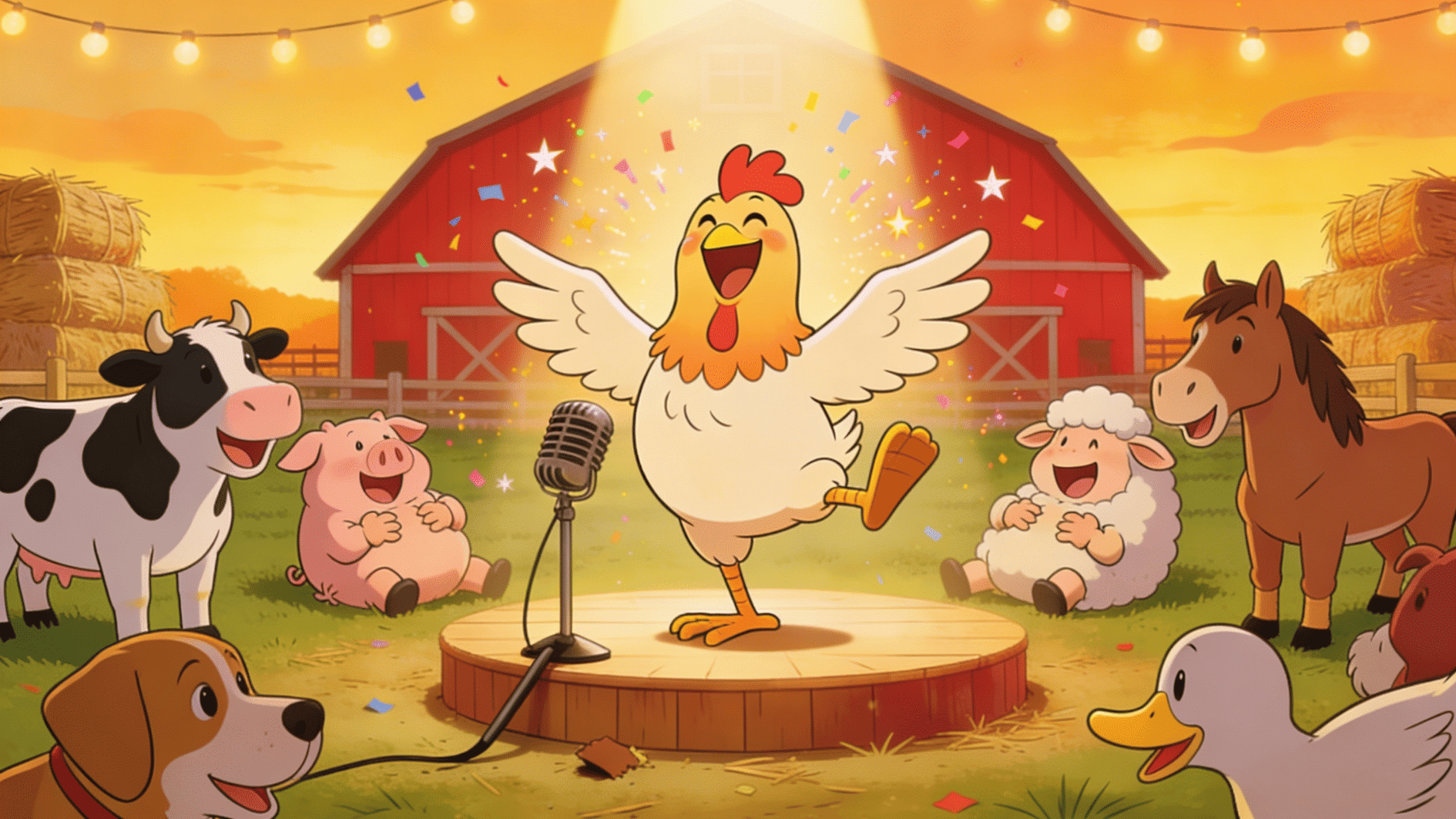 funny animated chicken performing on a farm stage while happy barn animals laugh and cheer together