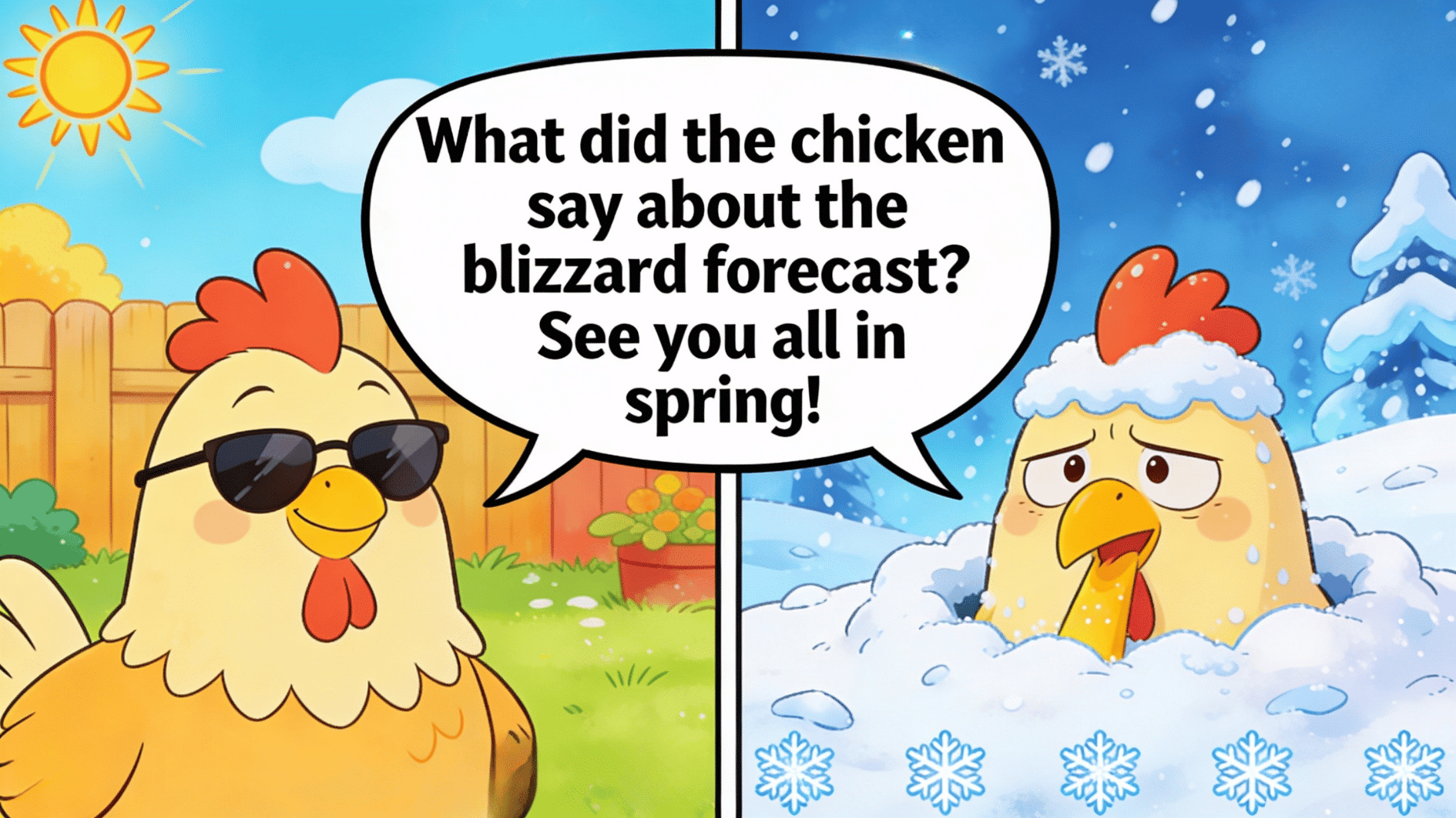funny cartoon chickens reacting to blizzard forecast with sunny and snowy split-screen weather joke scene