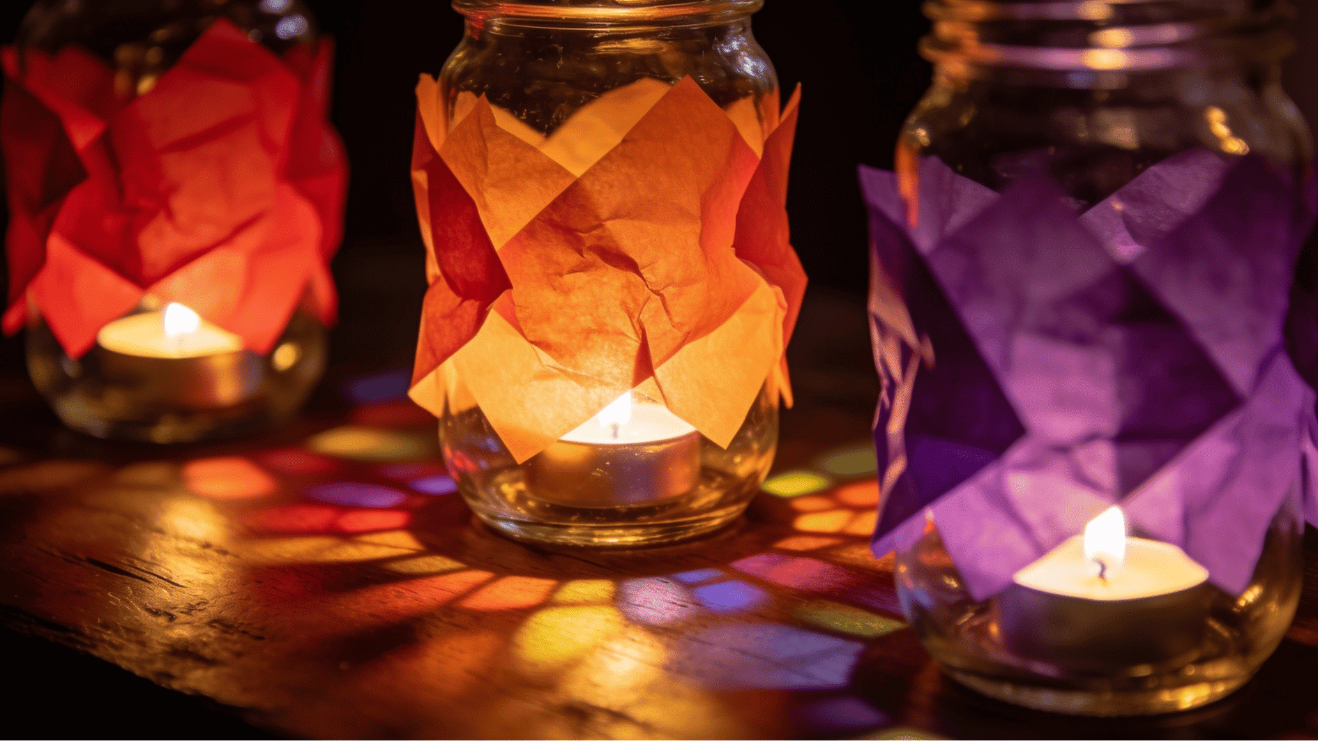 glass jar lanterns covered in red orange and purple tissue paper with glowing led lights inside