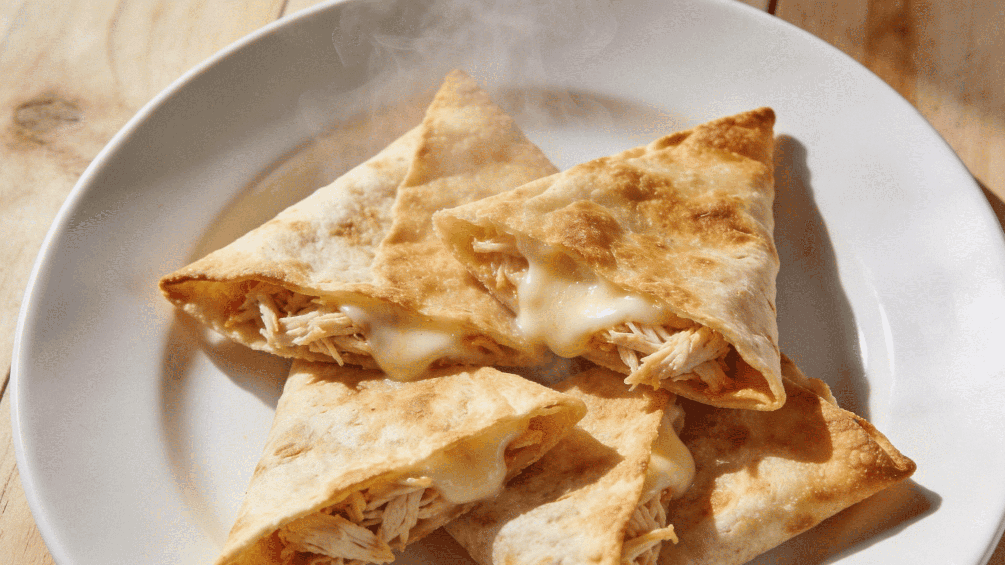 golden chicken quesadilla triangles on a white plate with melted cheese and shredded chicken
