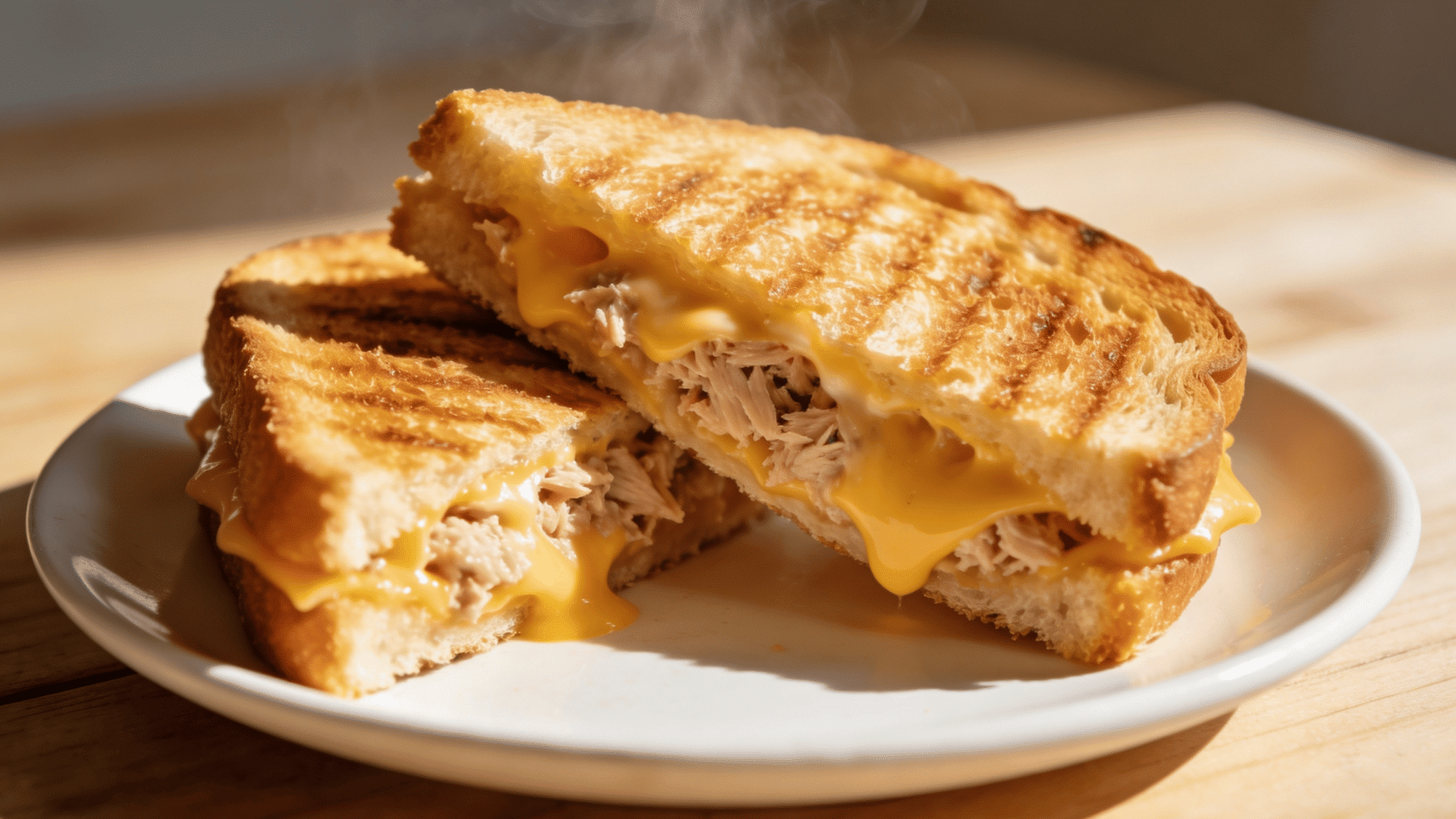 golden tuna melt sandwich cut diagonally showing melted cheddar and chunky tuna filling