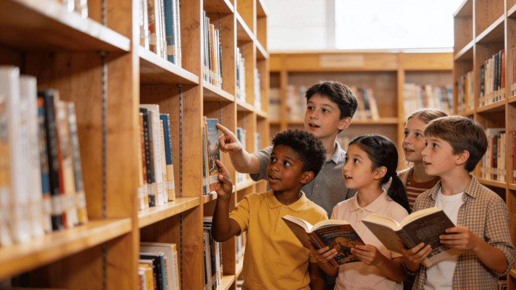 group of children browsing library shelves together while holding books and exploring reading choices in a school library