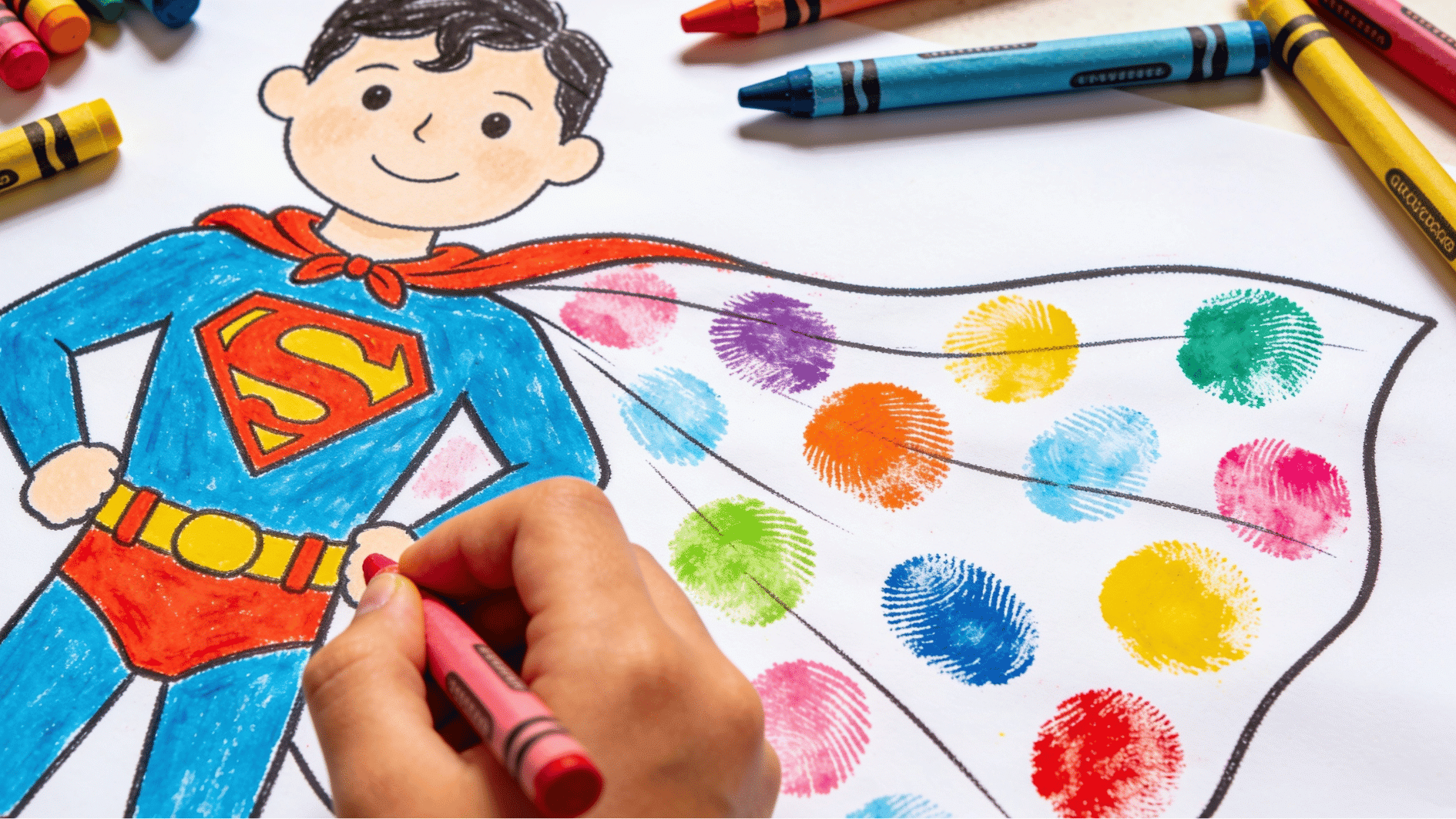 hand drawn superhero portrait with colorful thumbprint decorations on white paper fathers day craft for toddlers