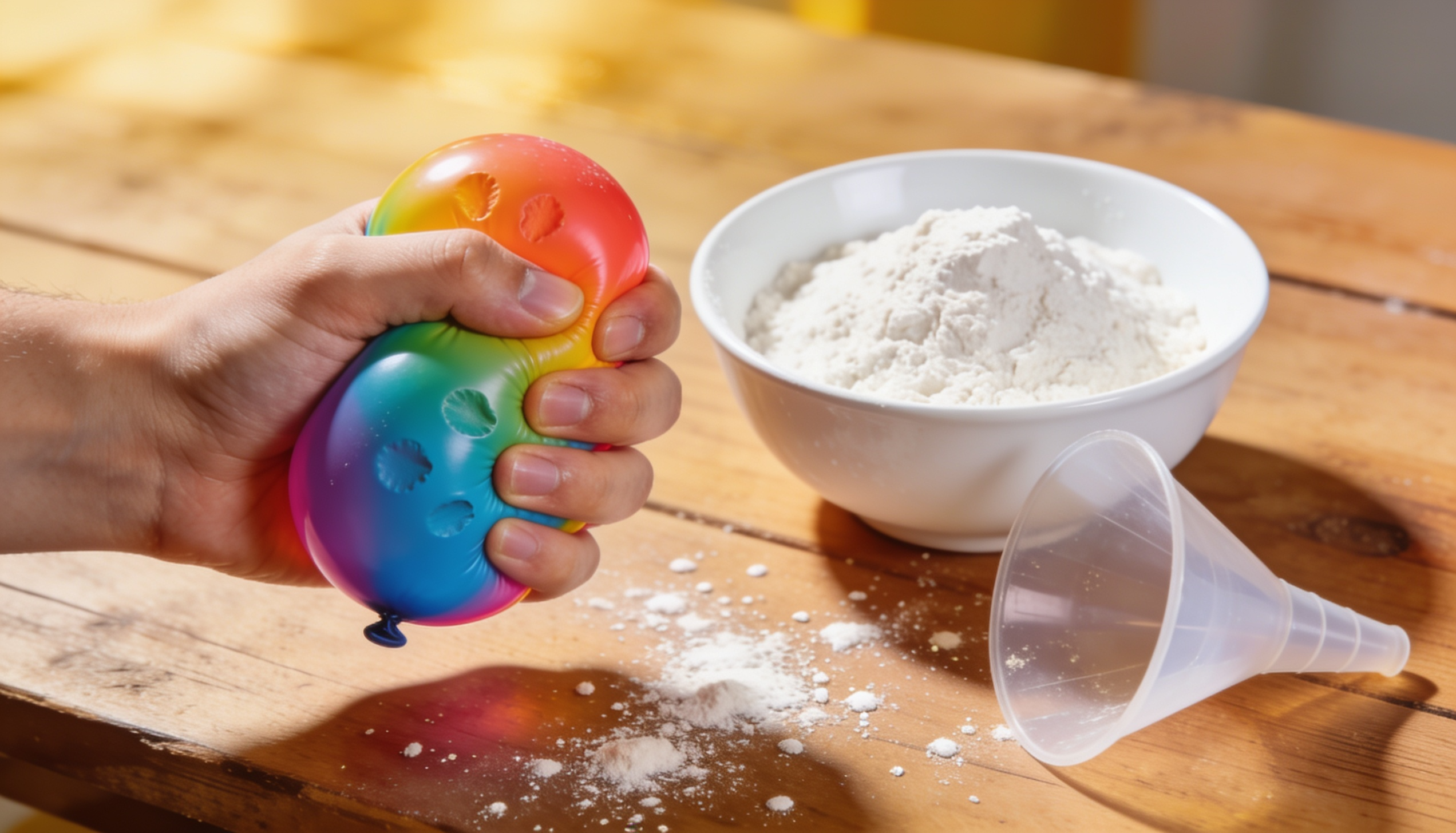 hand squeezing a colorful rainbow balloon stress ball diy with flour in a bowl and funnel on wooden table