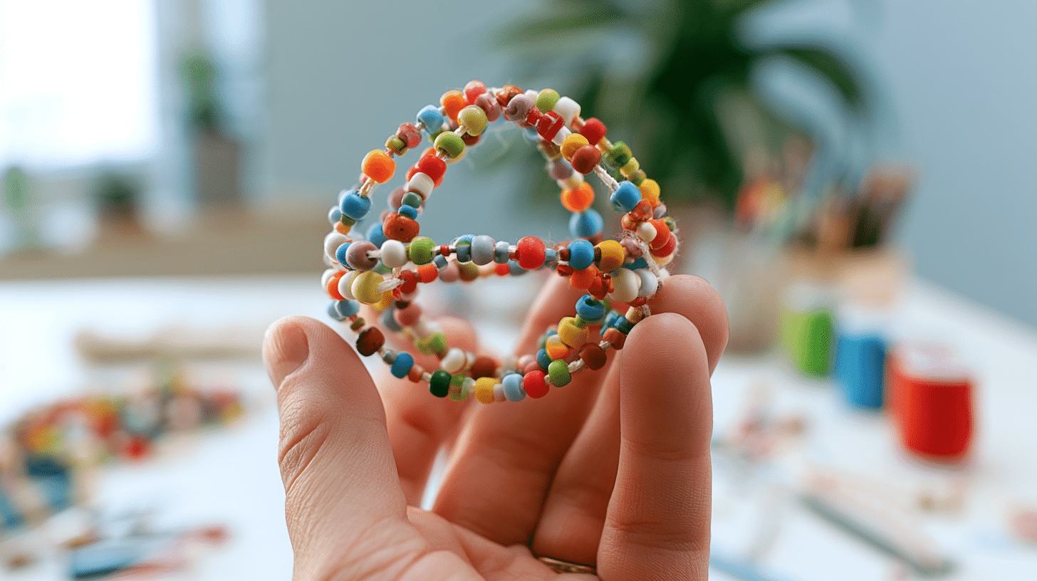 handmade bead and string fidget toy with colorful beads looped on white string