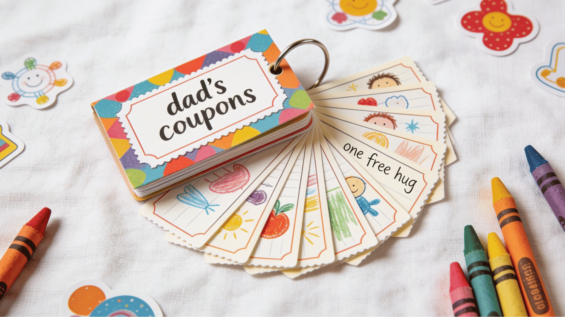 handmade fathers day coupon book fanned open with colorful decorated coupons and handwritten offers for dad