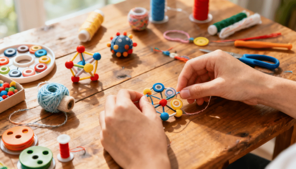 hands assembling a diy fidget toy with beads and string on a wooden table surrounded by craft supplies