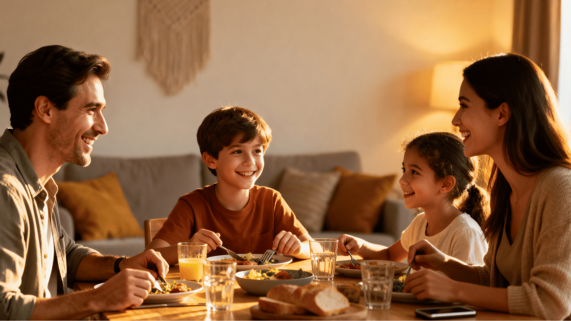 happy family enjoying dinner together at home while sharing quality time in a warm and peaceful atmosphere.