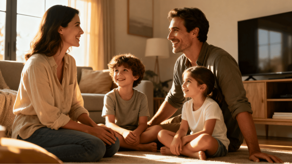 happy family spending quality time together in a cozy living room with warm sunlight and a calm parenting atmosphere.