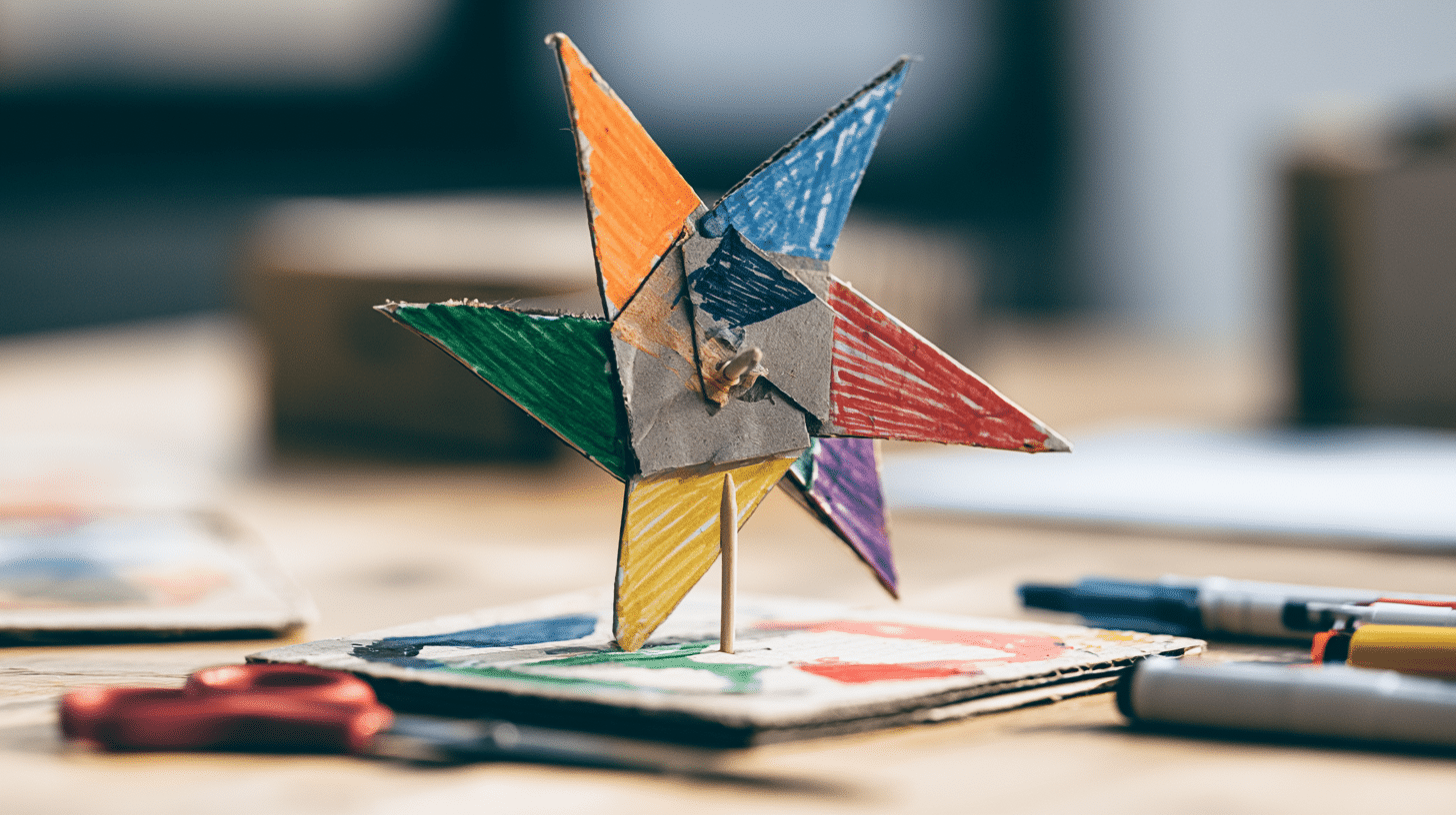 homemade cardboard spinner with colorful painted star blades on a toothpick stand on a craft table