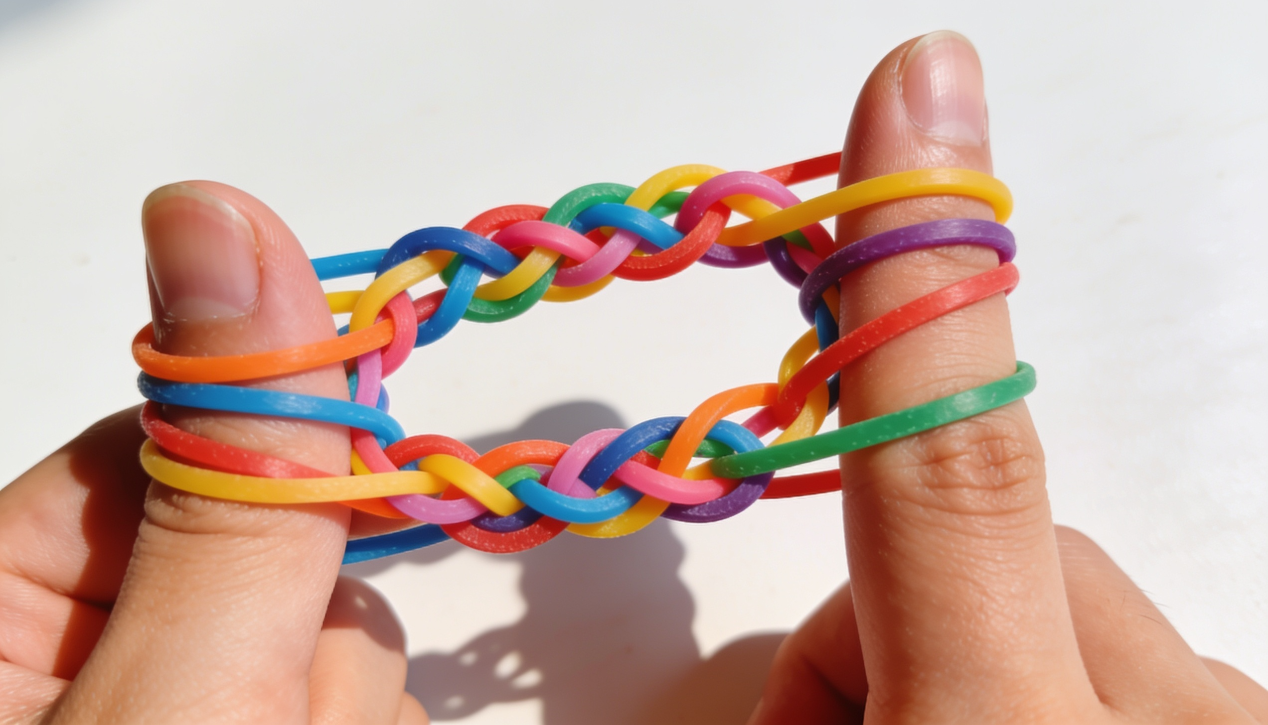 homemade rubber band finger fidget made from interlocked colorful elastic bands