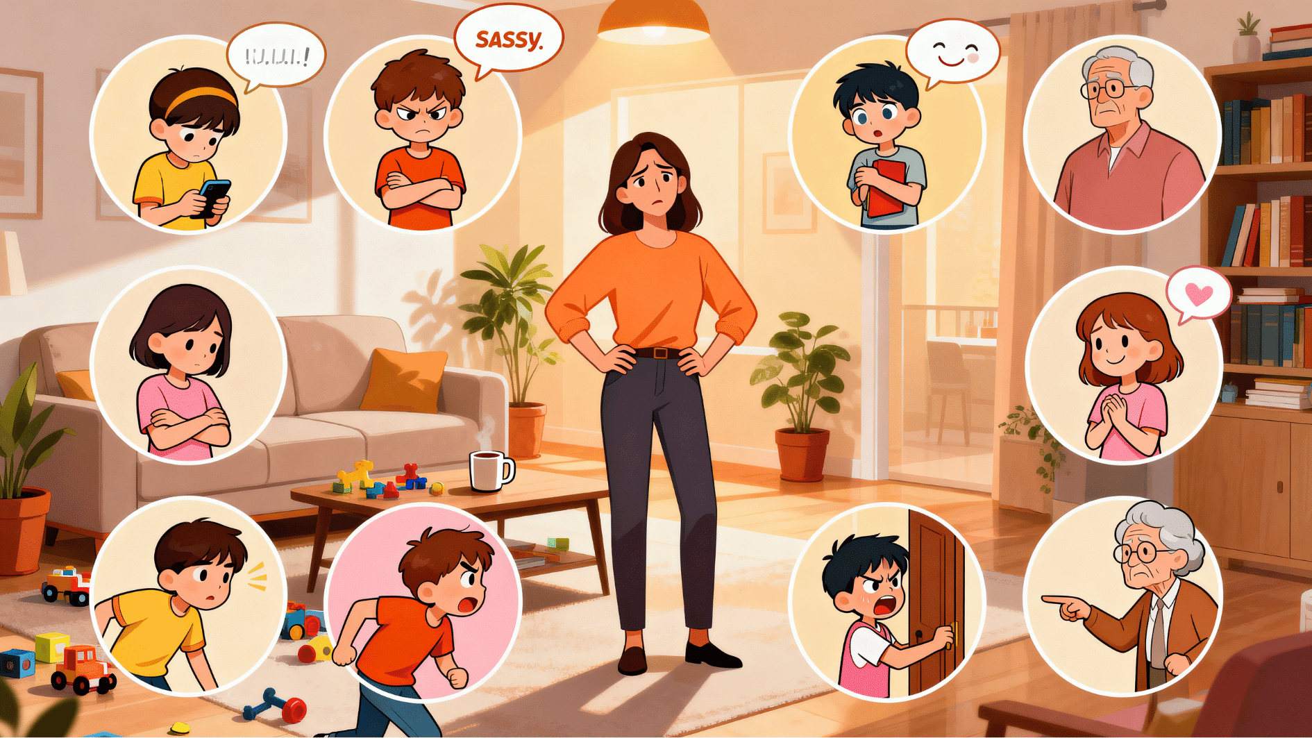 illustration of a stressed mother surrounded by scenes showing disrespectful child behavior inside a cozy living room (1)