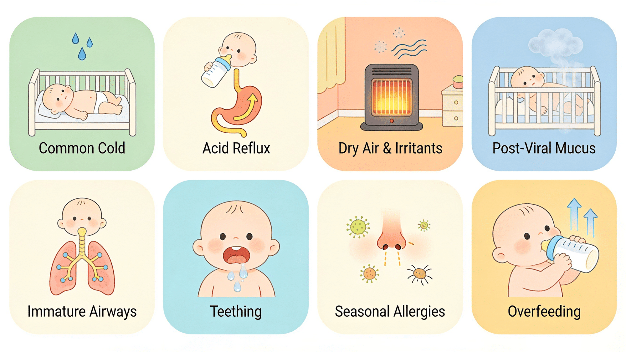 illustration showing common causes of newborn coughing including cold reflux dry air mucus allergies and overfeeding
