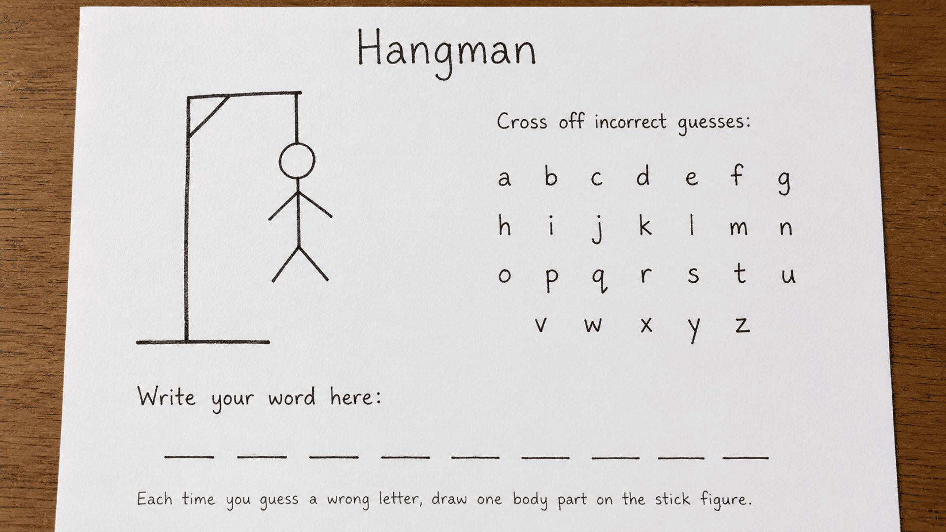 image of pen and paper game hangman on a white paper with a stickman hangman made on chart paper with guessing letters on side