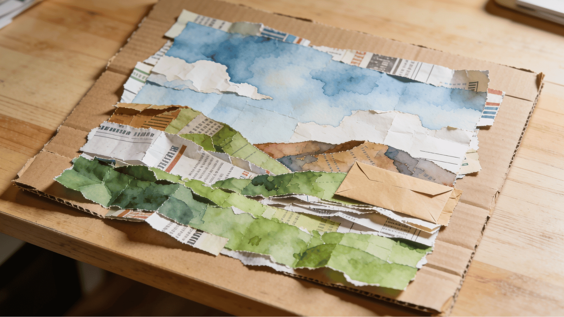 junk mail collage landscape with torn envelope pieces layered into sky hills and foreground on cardboard