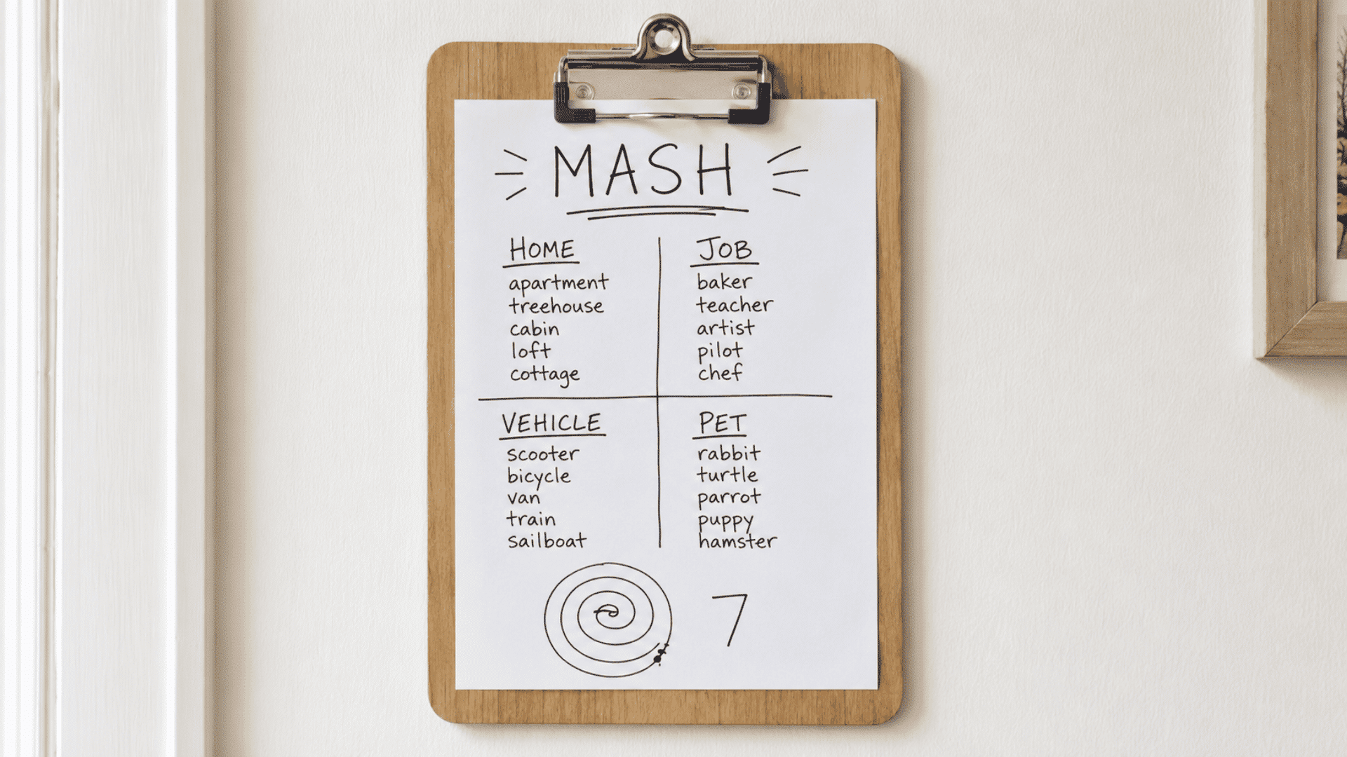 mash game sheet on clipboardon white paper mash game pen and paper game hanging by board on wall bright daylight indoor setup