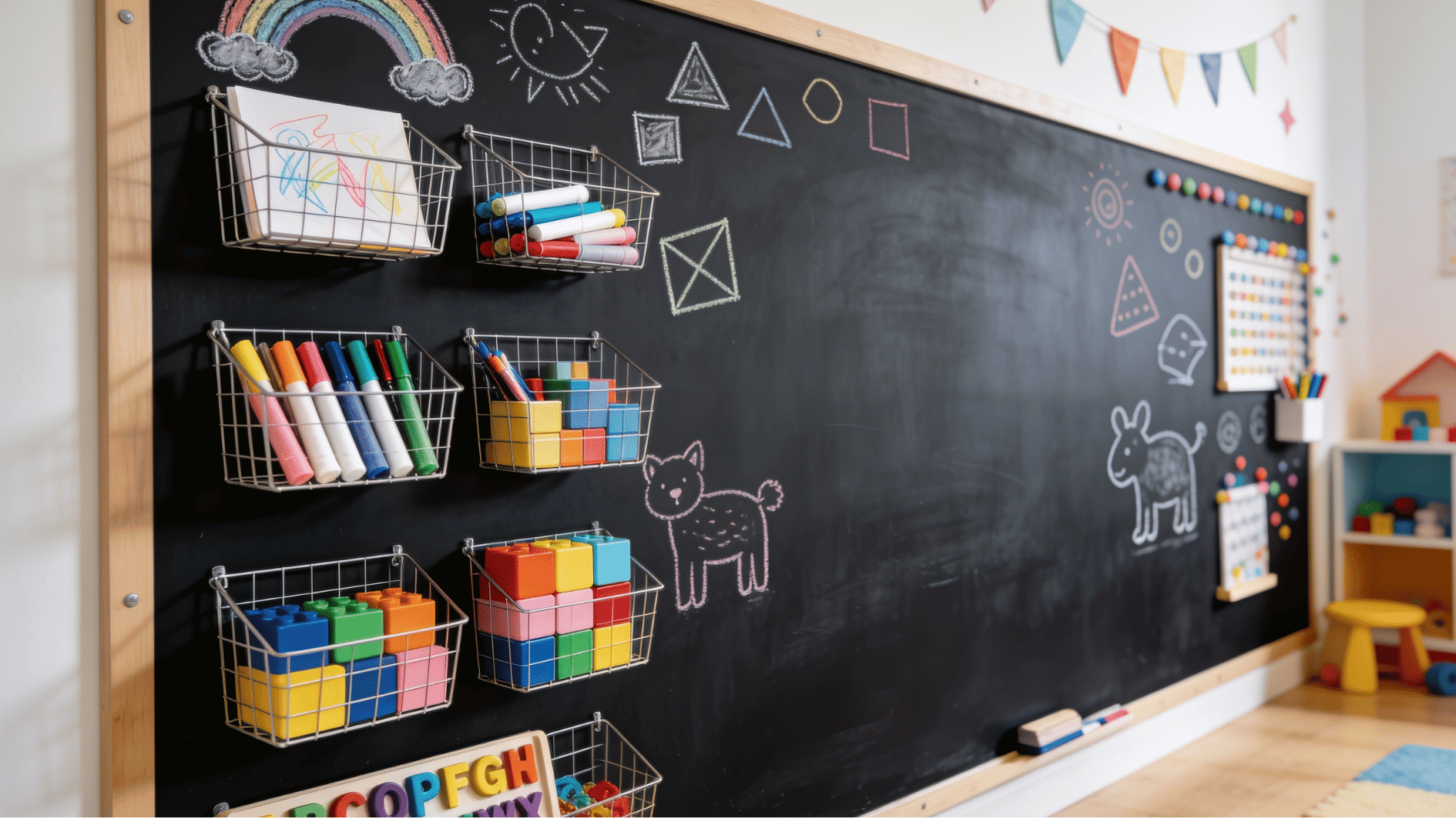 matte black magnetic chalkboard wall with wire bins holding drawing tools and magnetic tiles in playroom