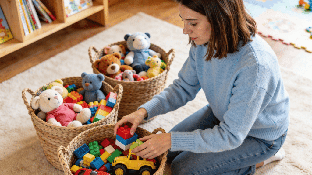 mother organising colorful kids toys into baskets in a bright cozy bedroom