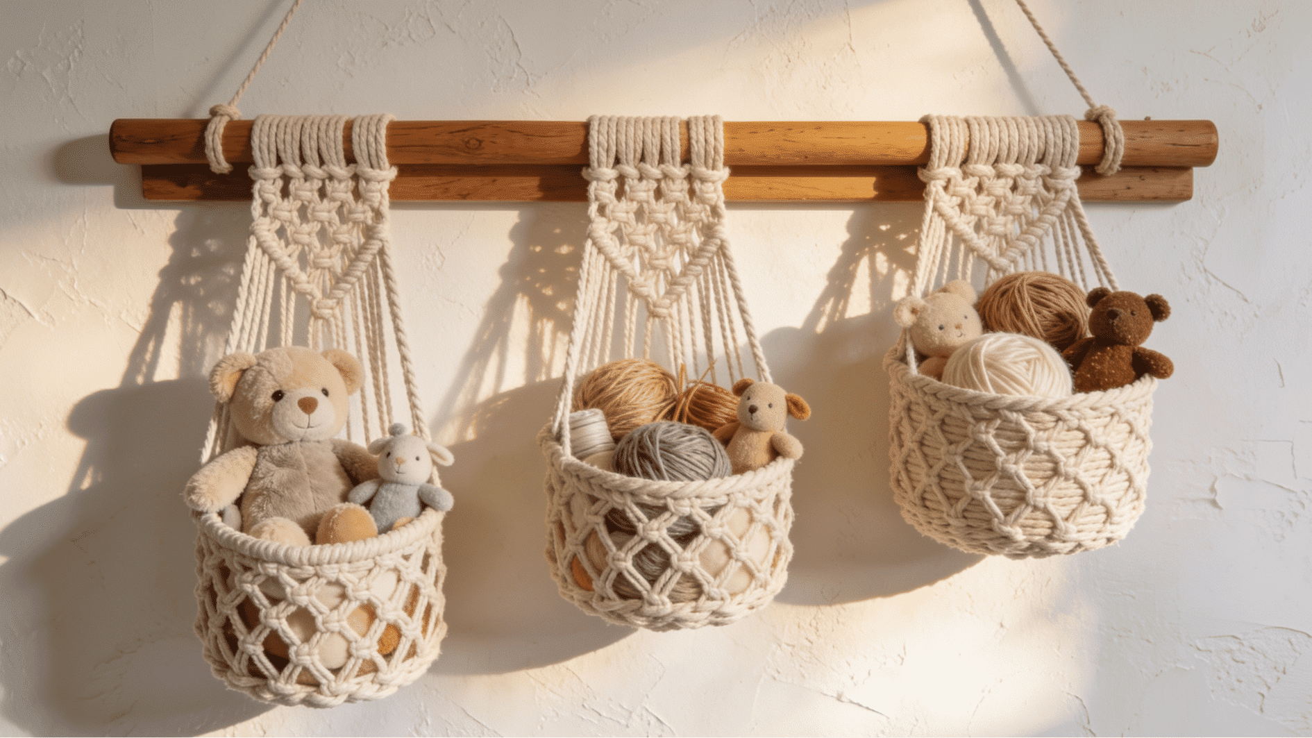 natural cotton macramé baskets hanging at varied heights filled with soft toys and yarn crafts on white wall