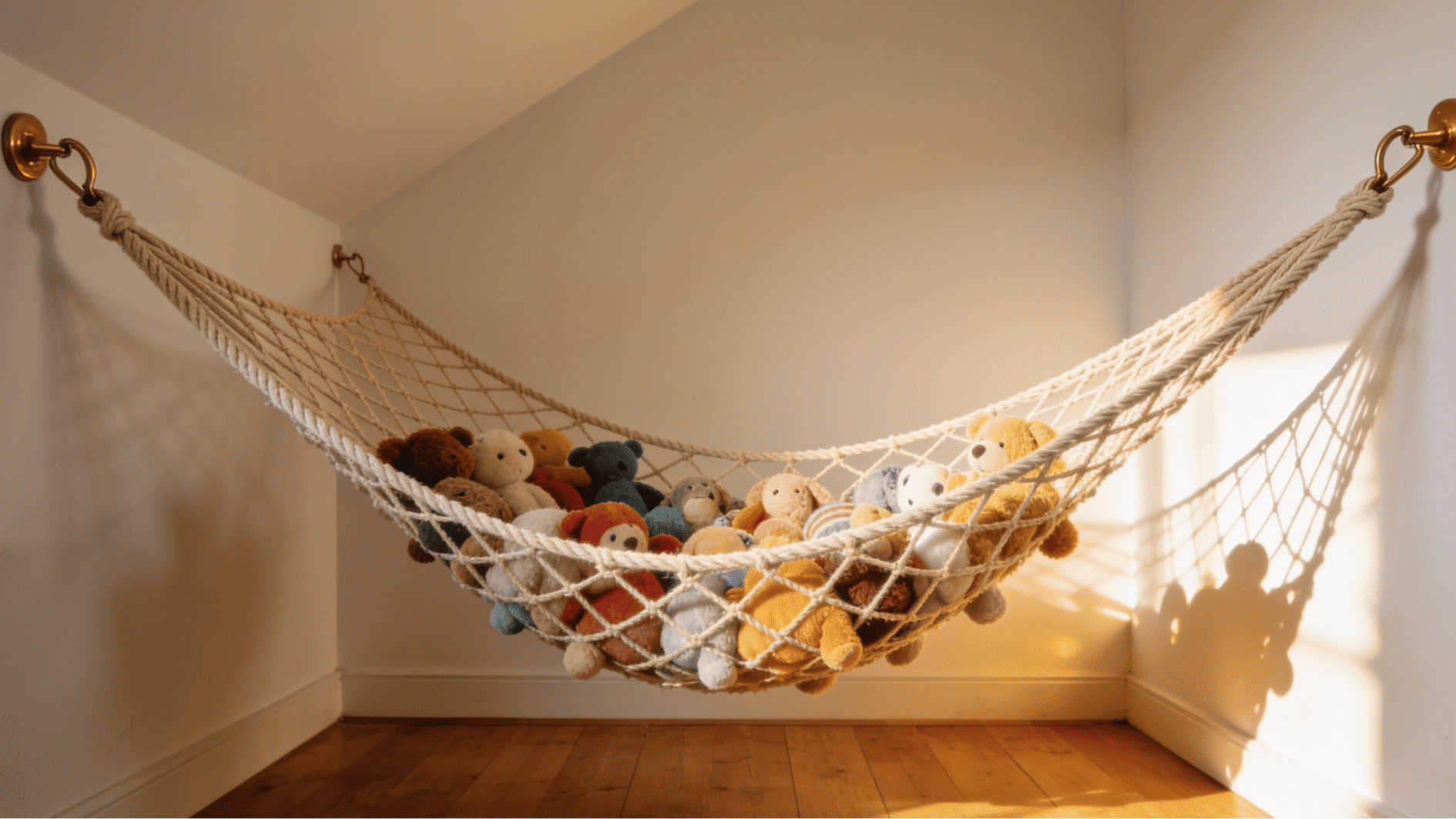 natural cotton rope hammock net in a high bedroom corner filled with colorful stuffed animals and plush toys