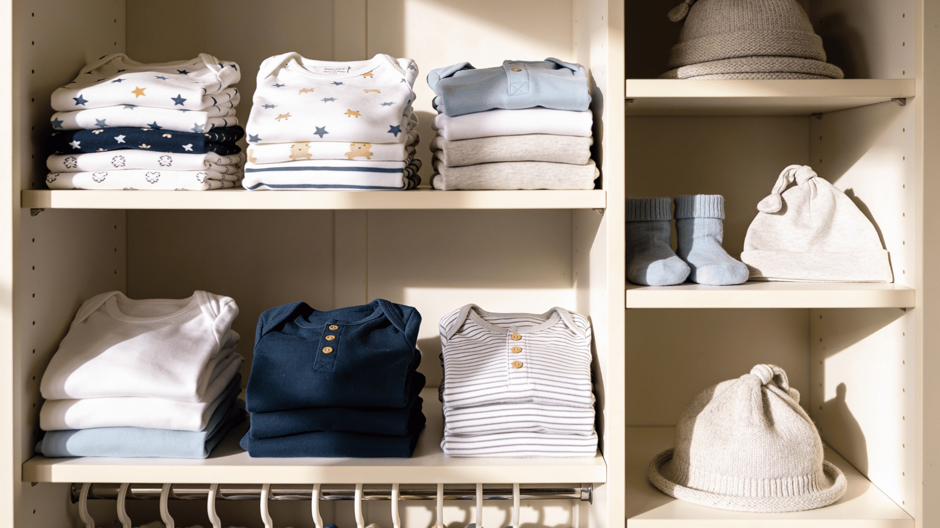 neatly organized baby wardrobe with folded clothes hats socks and essentials arranged on nursery shelves