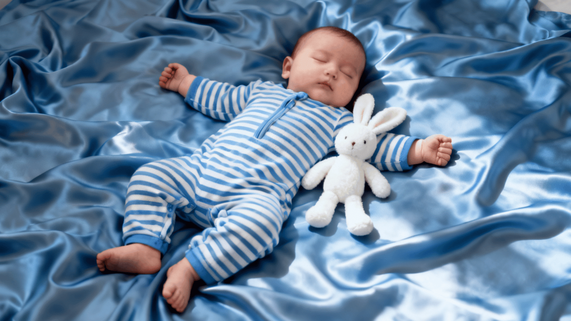 newborn baby sleeping on soft blue satin bedding beside a plush bunny toy while wearing striped pajamas