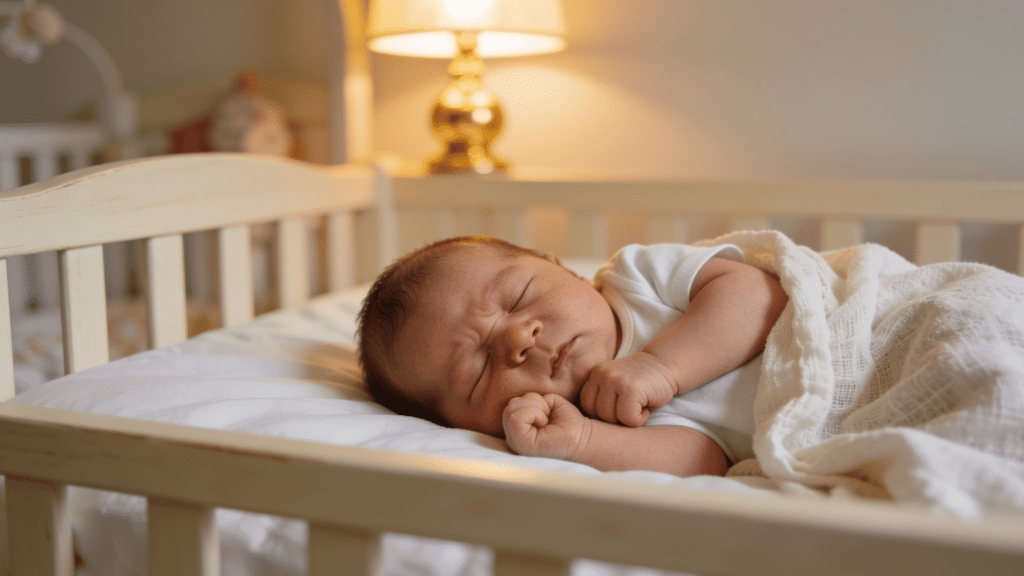 newborn baby sleeping peacefully in a crib under a soft blanket in a warm and cozy nursery room