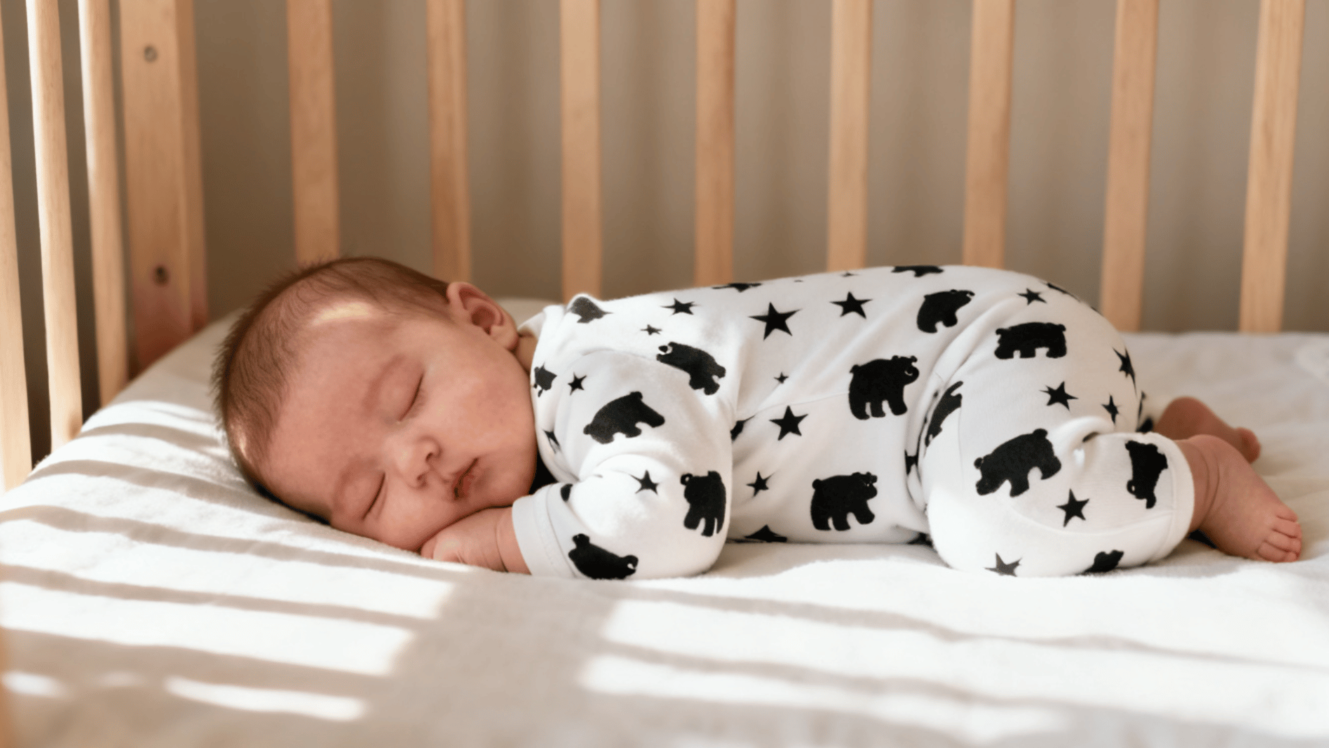 newborn baby sleeping peacefully in a crib wearing a white onesie with bear prints and soft sunlight across the bedding