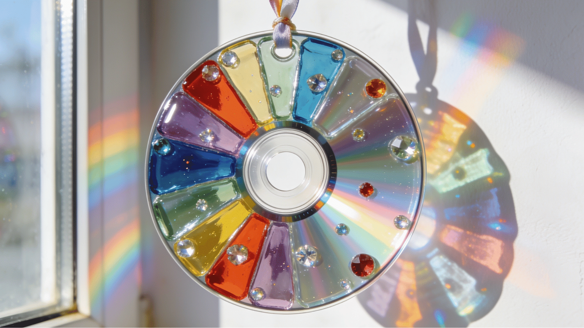 old cd suncatcher decorated with rainbow glass paint and gems casting colorful reflections on a white wall