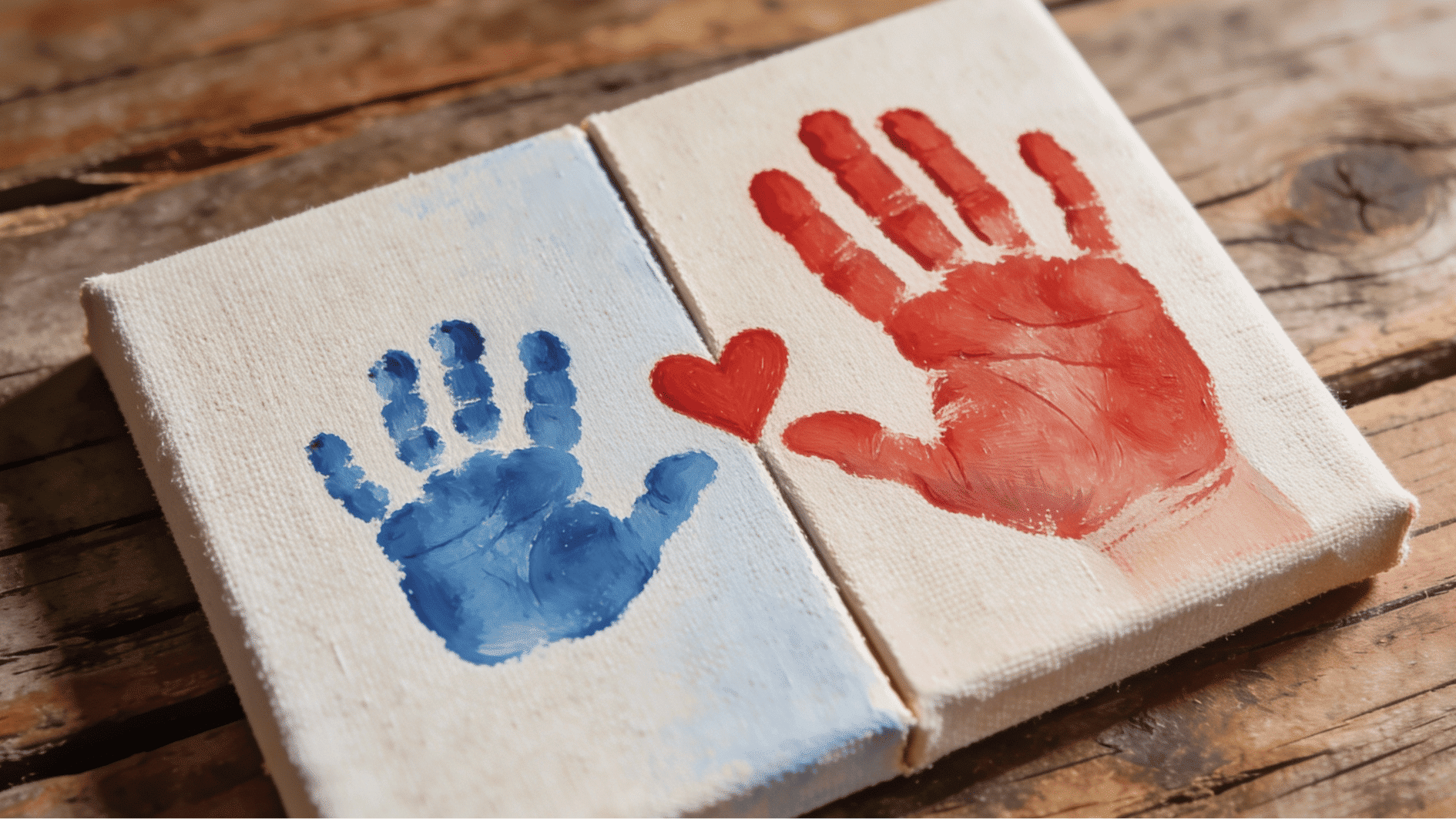 painted canvas with toddler and dad handprints meeting at a red heart in the center fathers day gift idea