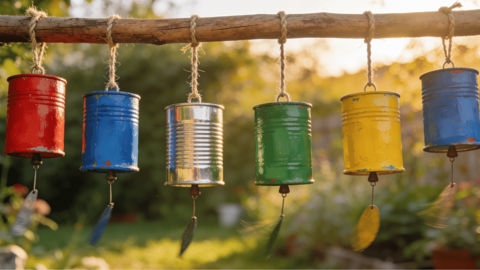 painted tin can wind chimes in red blue green and yellow hanging from a wooden stick outdoors