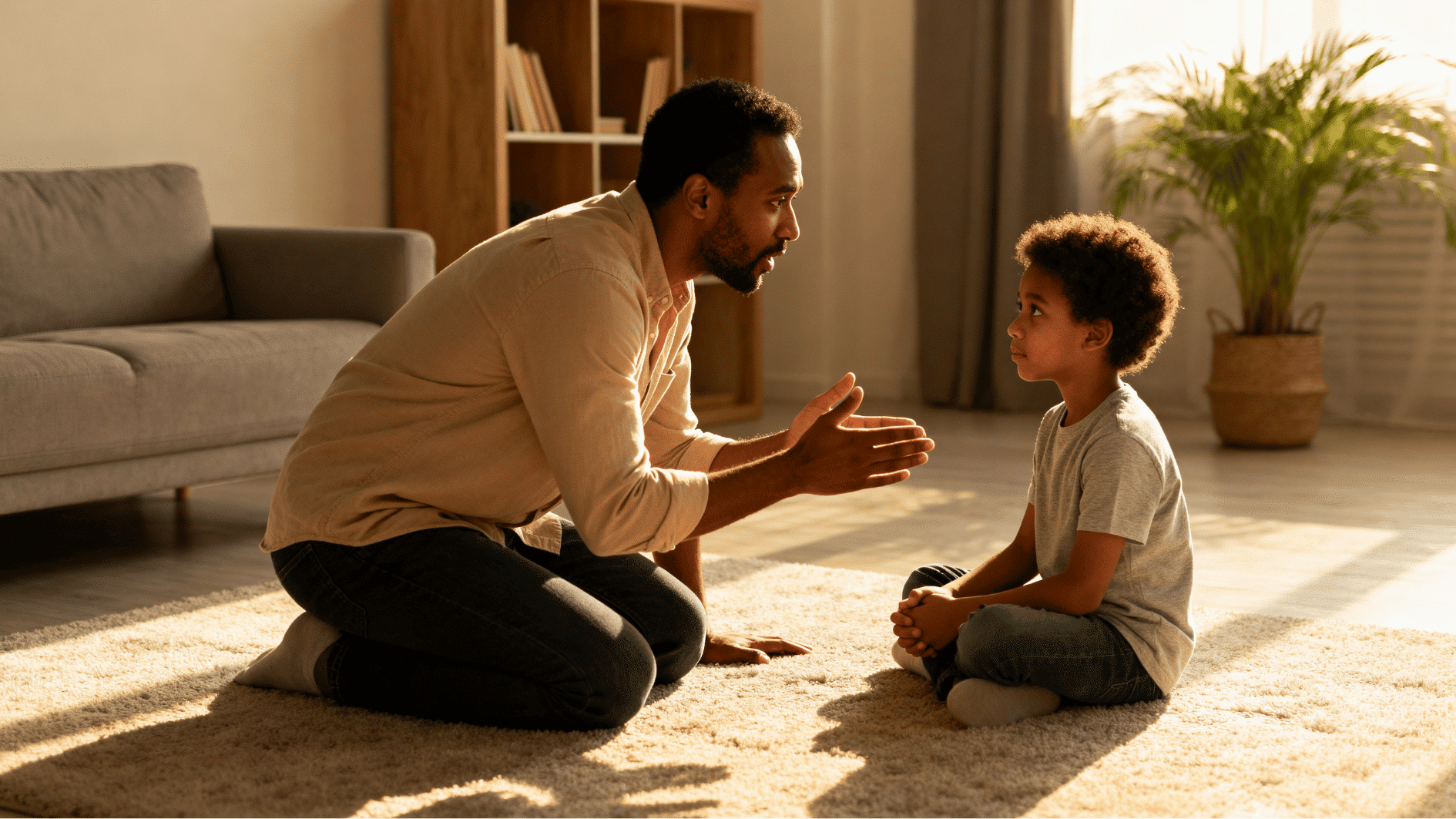 parent kindly explaining household rules to child in a calm and respectful parenting moment at home.