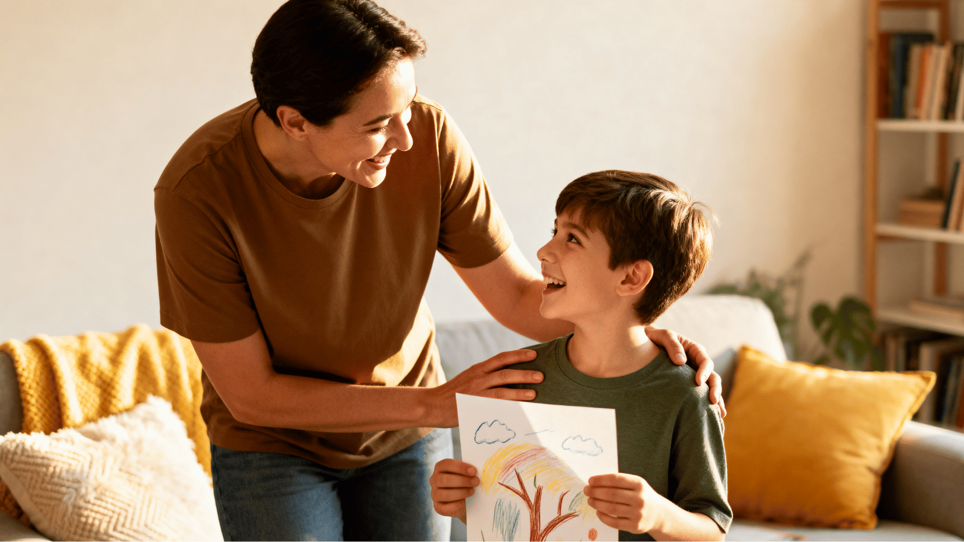 parent praising child for artwork while encouraging confidence and positive learning in a warm family setting.