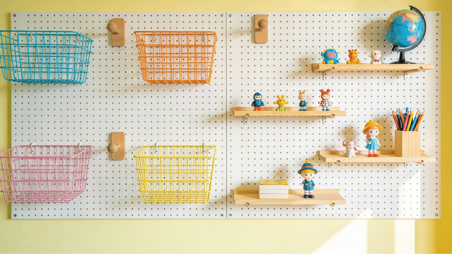 pegboard wall system with colorful baskets and hooks for kids toy storage in a bright bedroom