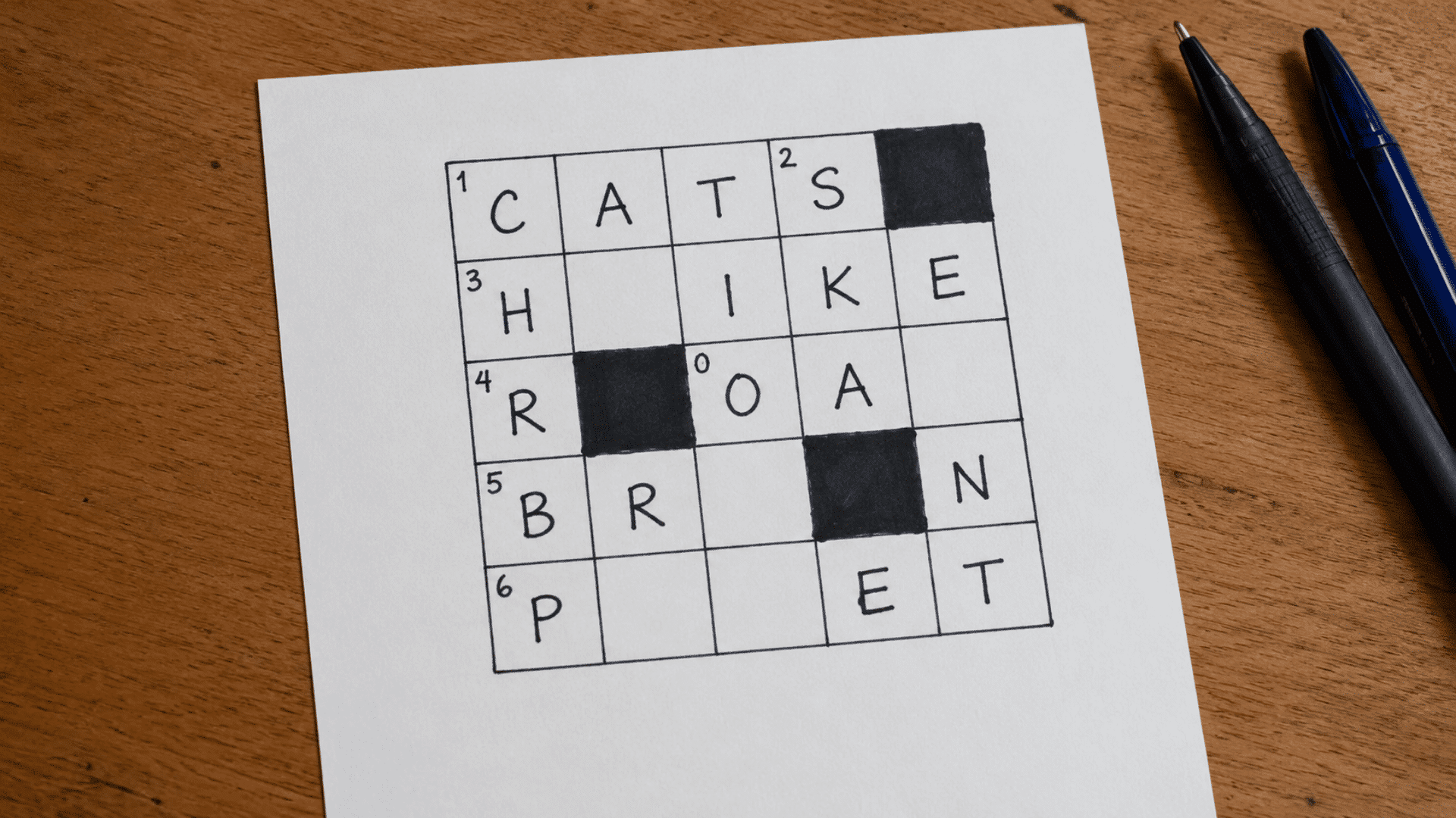 pen and paper game setup showing brown wooden desk with hand drawn crossword with black sketch pens on side