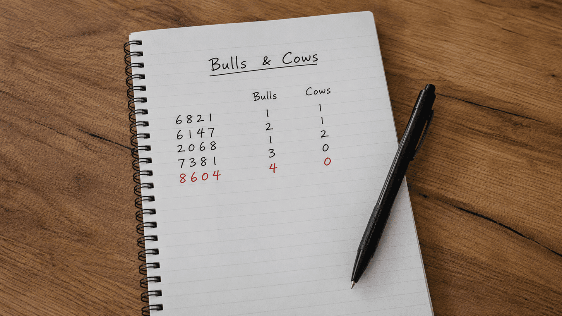 pen and paper game setup showing bulls and cows game on a notebook kept on a wooden table with black pen and text