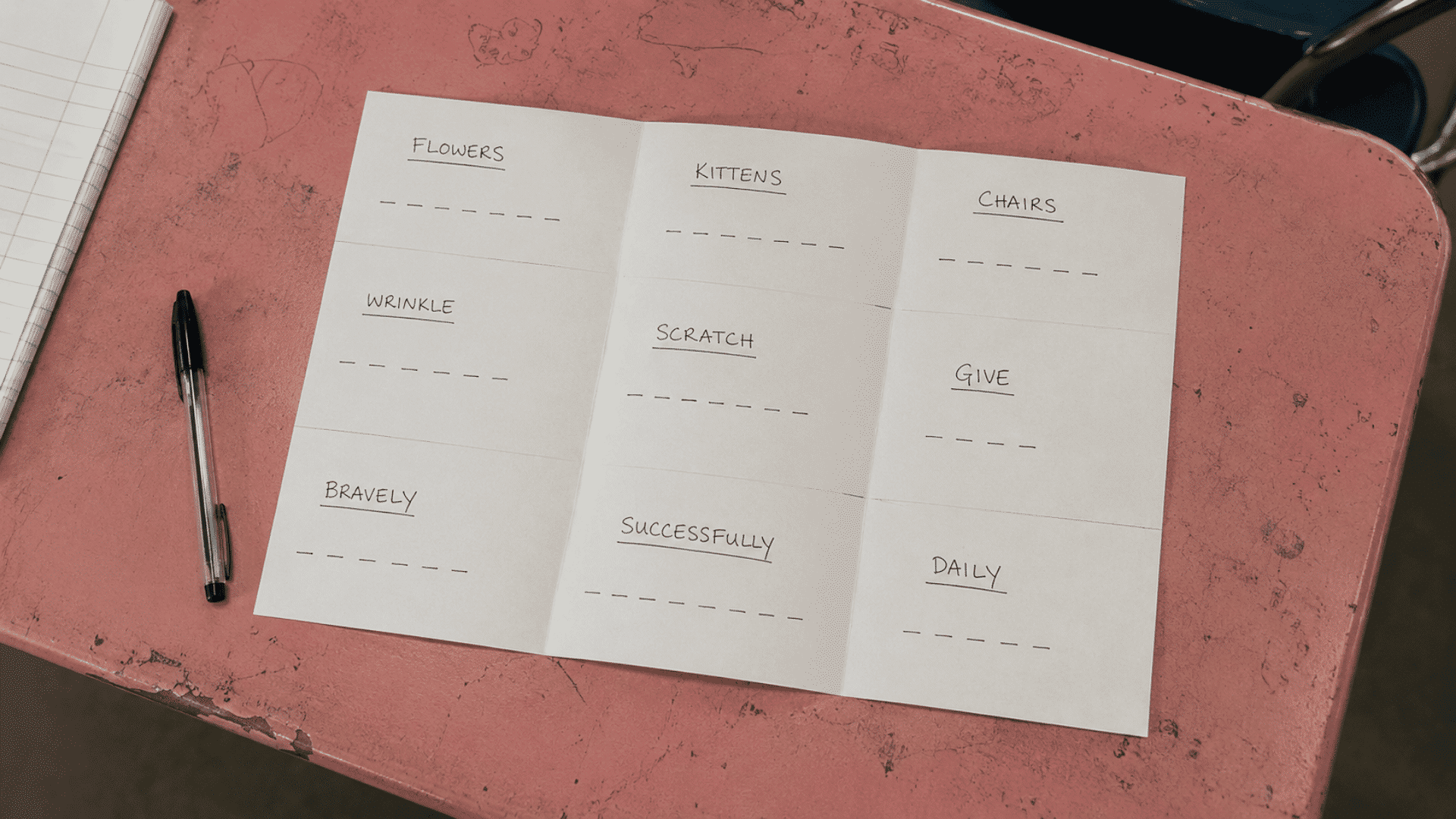 pen and paper games setup on a worn pink desk with handwritten vocabulary sheet in a indoor school desk setting