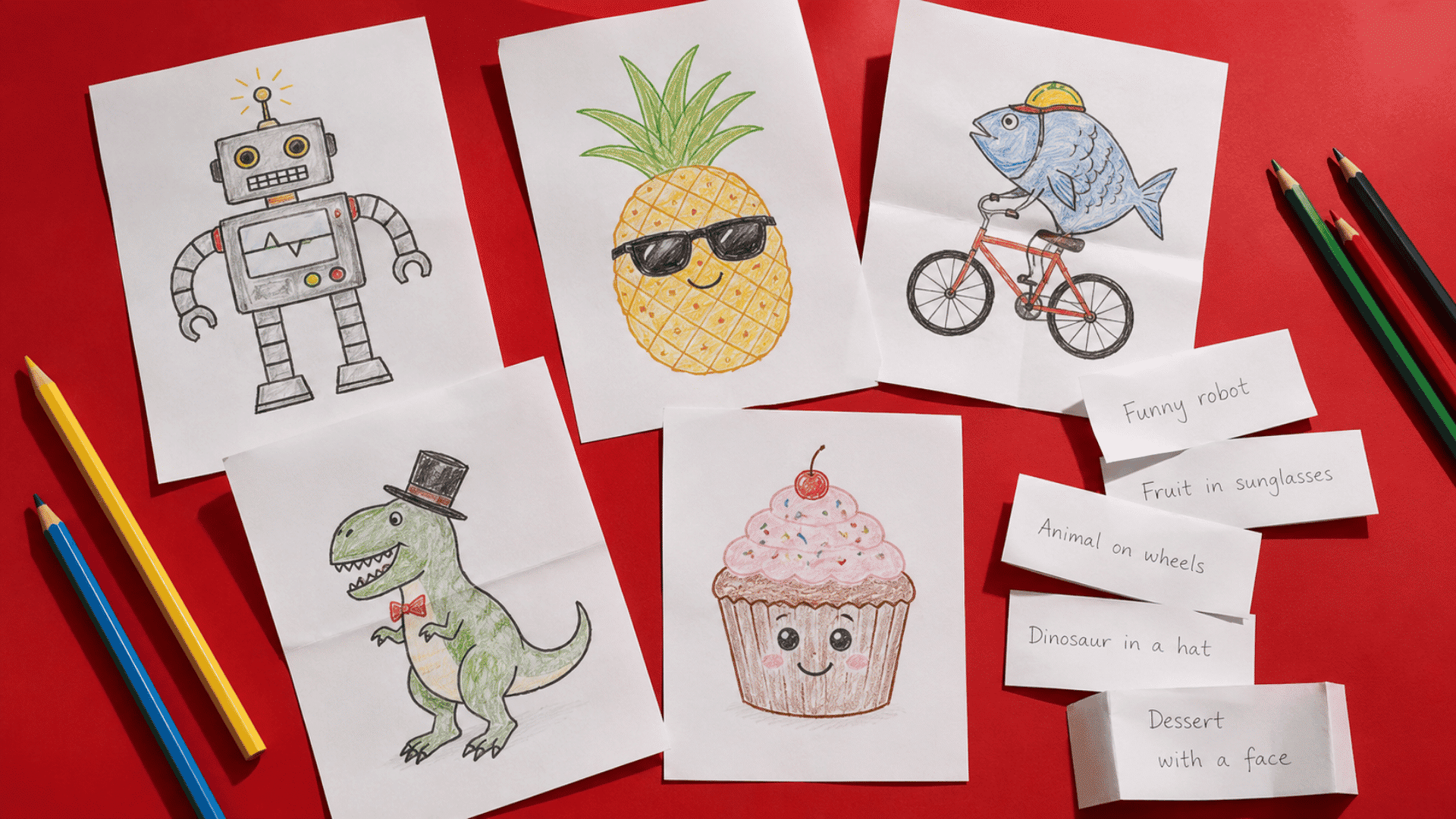 pen and paper group game of drawing guess with playful doodles on red tabletop different drawings and props