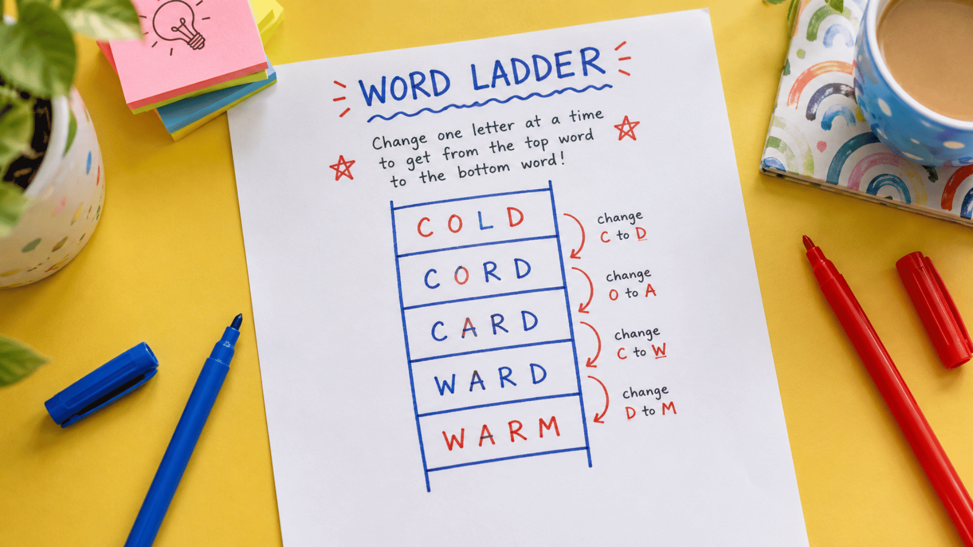playful word ladder desk game setup pen and paper game with red and blue sketch pens on both sides simple pen and paper game setting