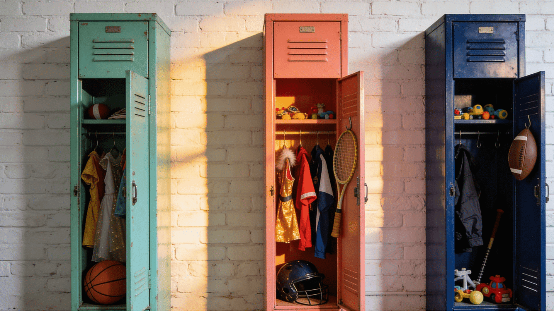 repurposed vintage school lockers in bold colors used as kids toy storage against white brick wall