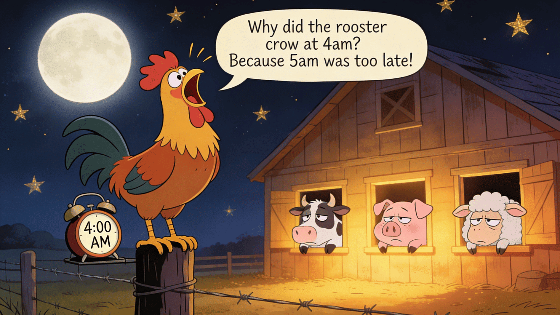 rooster crowing at 4 am beside barn under moonlight while sleepy farm animals listen to funny joke