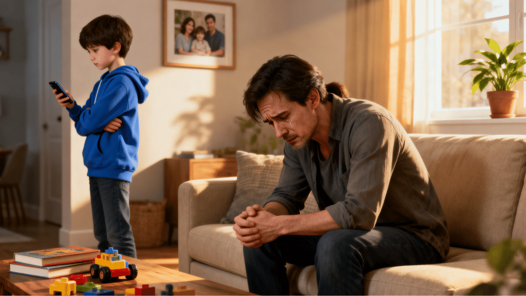 sad father sitting on a couch while a child ignores him with a phone in a warm family living room setting