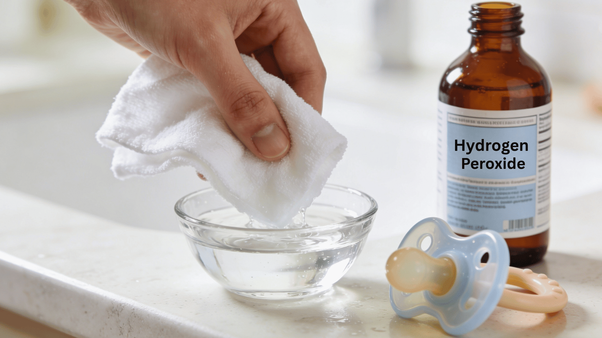 sanitizing baby pacifier with hydrogen peroxide solution and soft cleaning cloth
