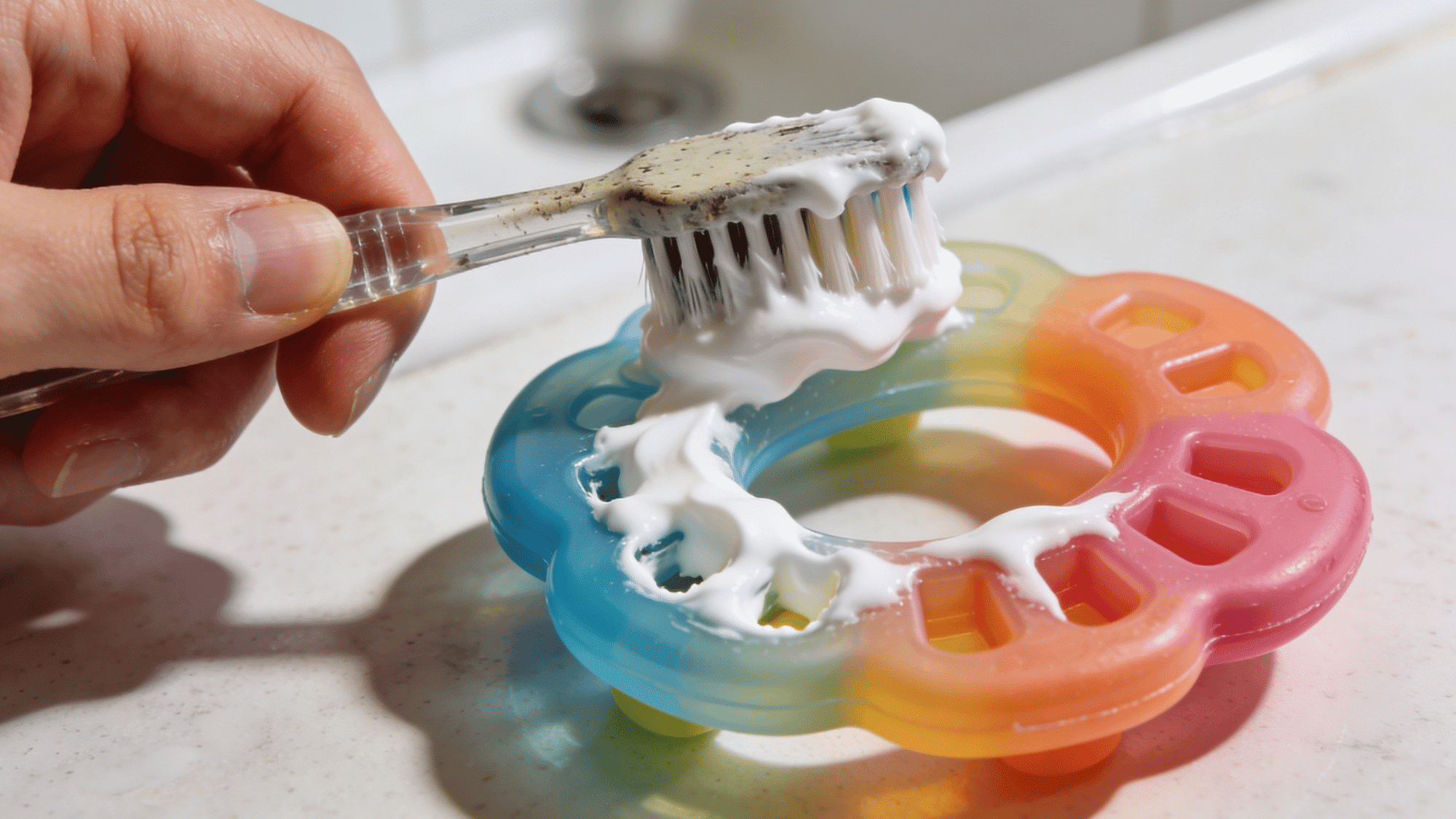 scrubbing silicone baby teether toy with toothbrush and cleaning paste close up