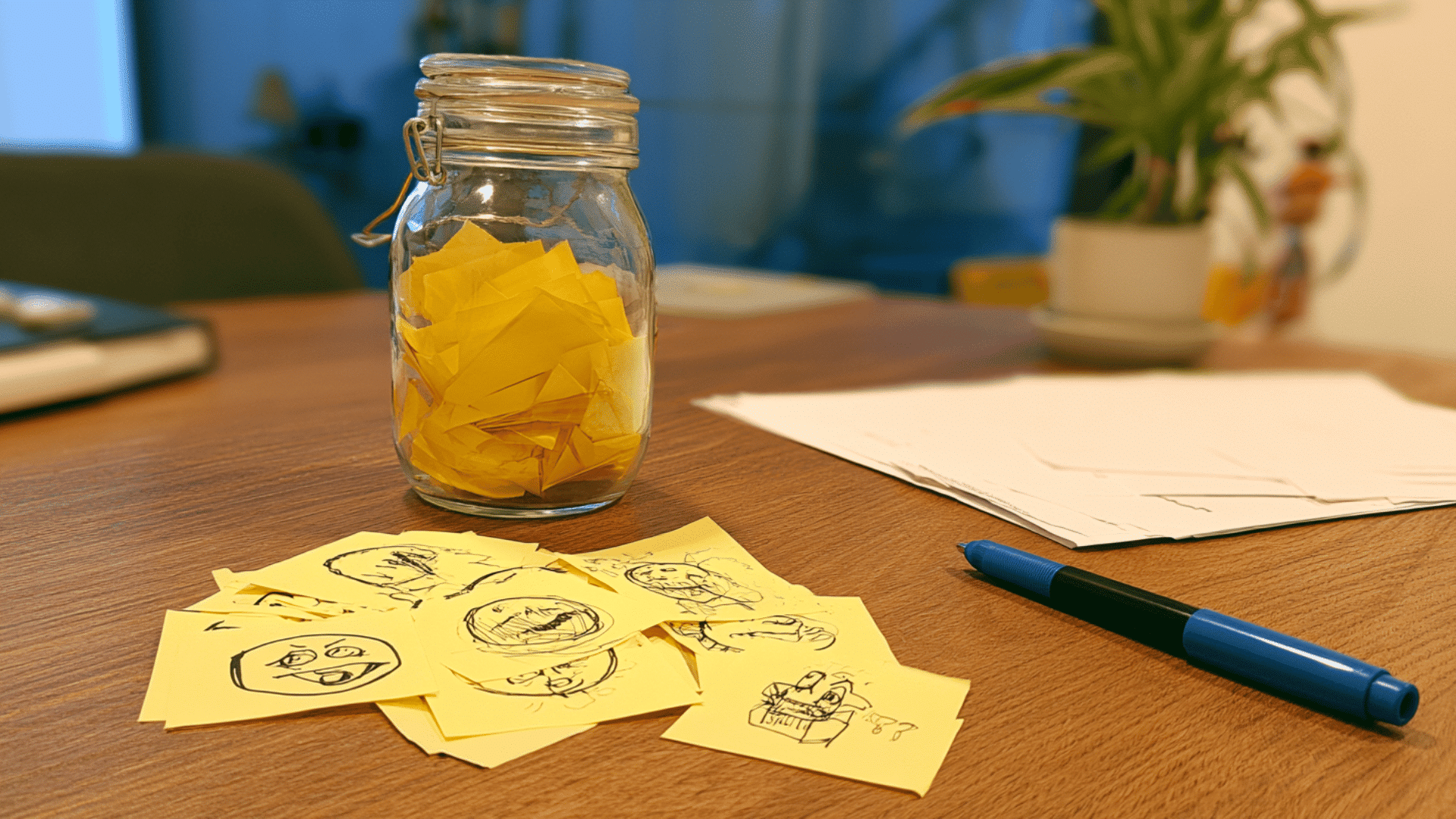 setup for paper charades game handrawn emojis pics and phrases black and blue pen on a house table simple setup