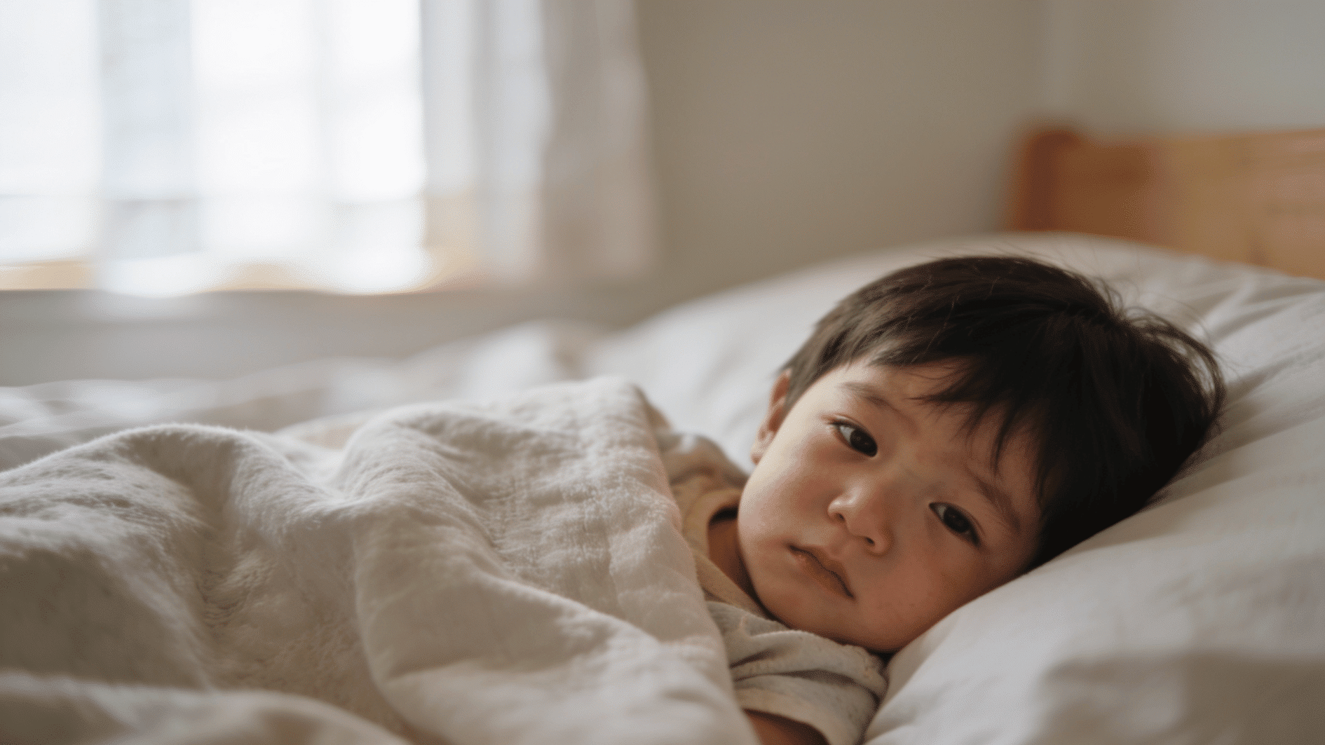 sick child resting under a soft blanket in bed looking tired during recovery at home near a bright window
