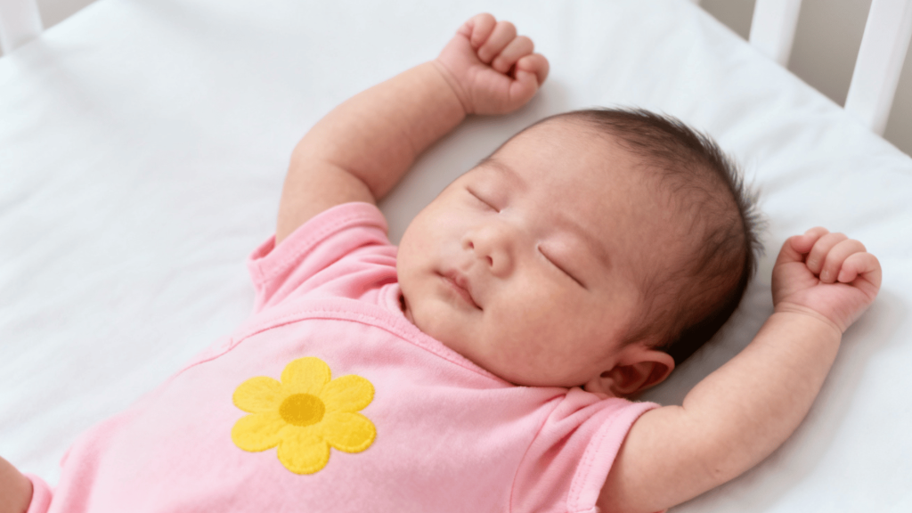 sleeping baby in a pink outfit with a flower design resting peacefully on a crib mattress with arms stretched above